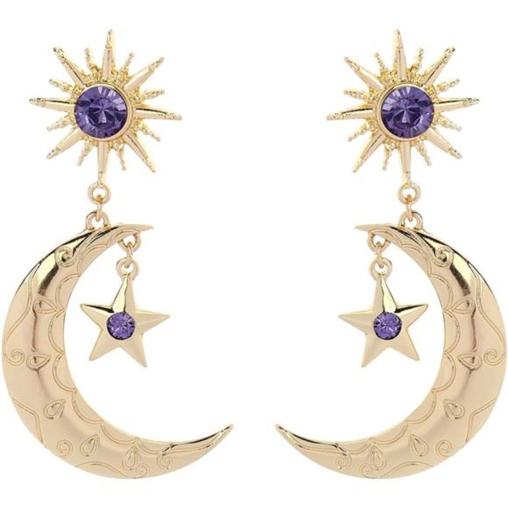 Gold Crescent Moon Crystal Boho Statement Earrings‎ Gothic Boho Dangle Earrings